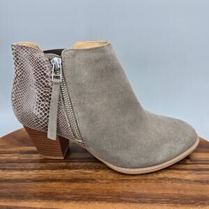 Vionic Boots Womens 7 Gray Taupe Suede Leather Snake Print Heeled Booties Zip Up